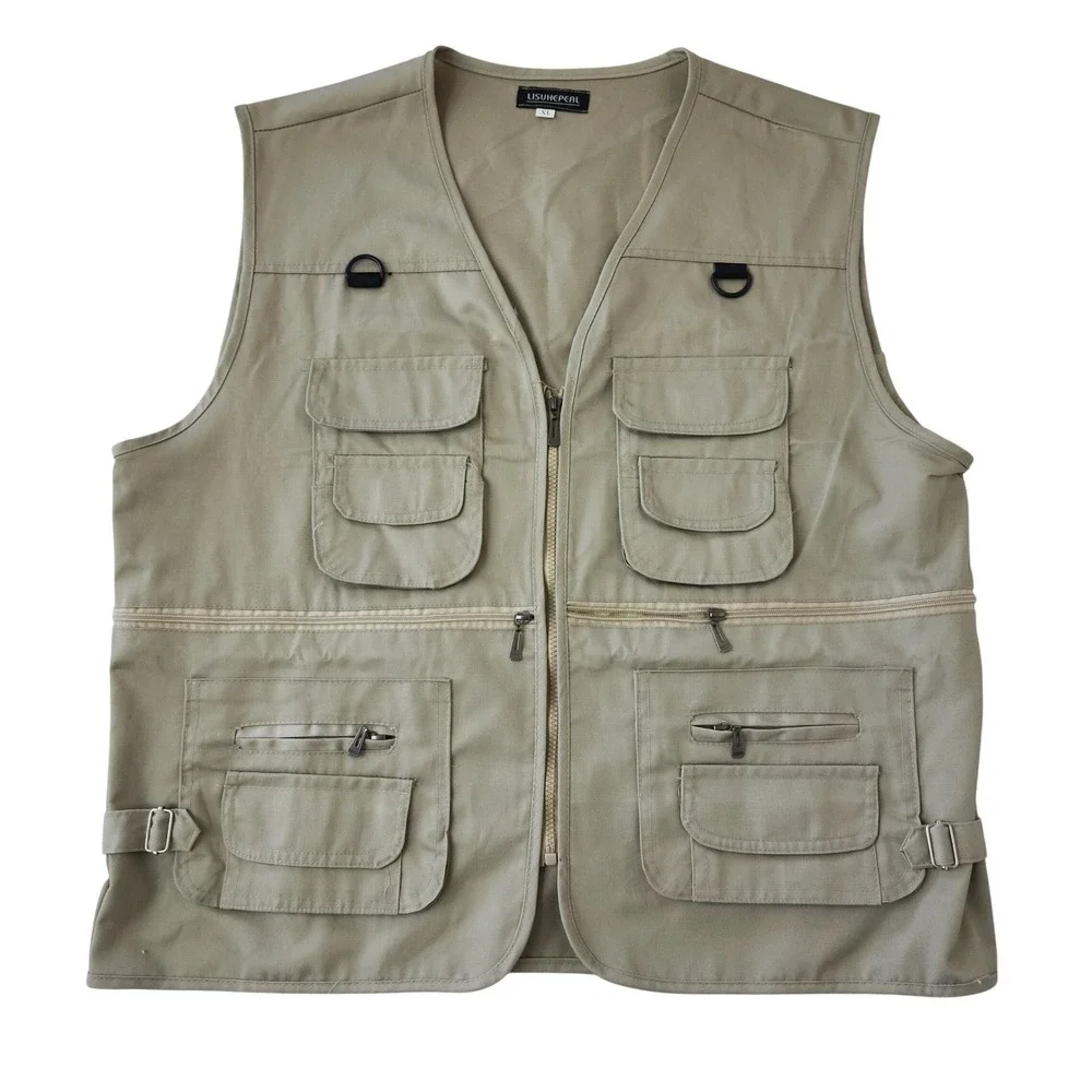 LISUHEPEAL Mens XL Utility‎ Fishing Vest Khaki Tan Multi-Pocket Outdoor Gilet